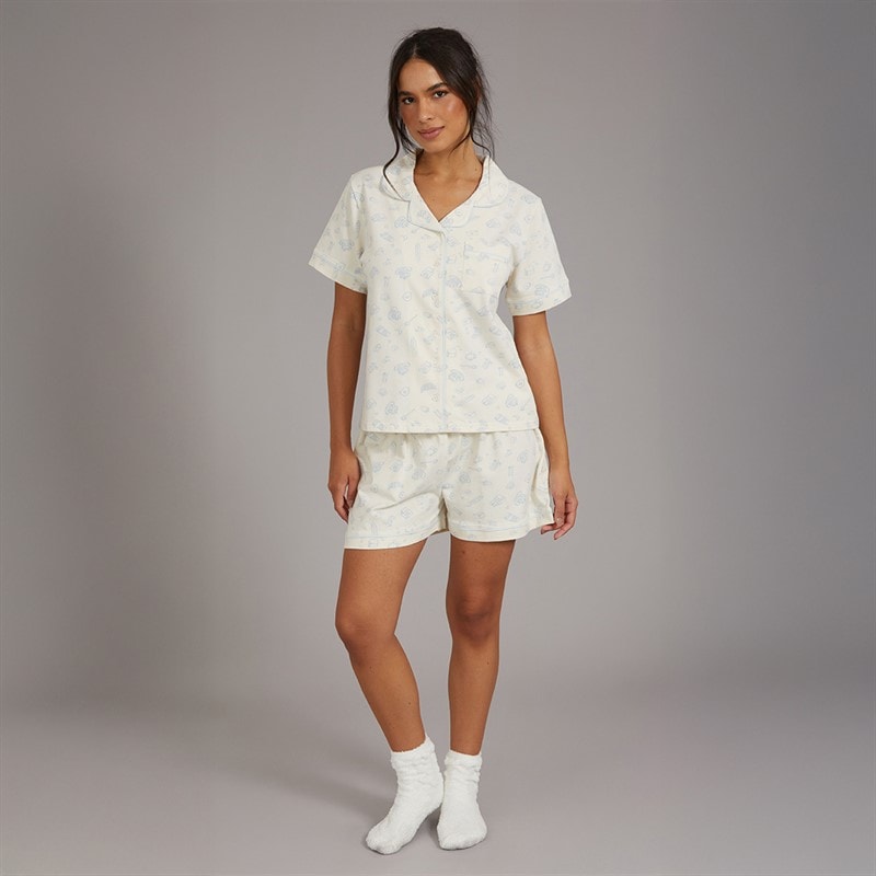 Board Angels Womens Brunch Button Through Short Pyjama Set Ecru Multi - Image 4
