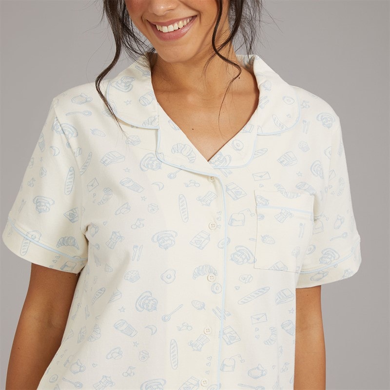 Board Angels Womens Brunch Button Through Short Pyjama Set Ecru Multi - Image 5