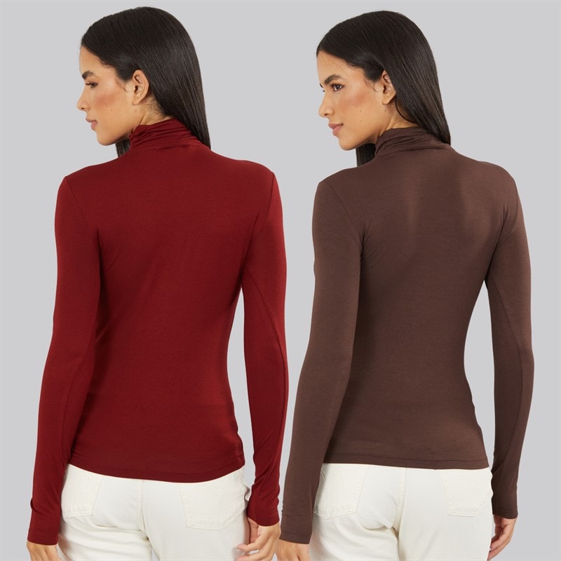 Board Angels Womens Roll Neck Plain Two Pack Tops Brown/Burgundy - Image 2