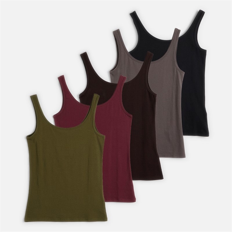 Board Angels Womens Five Pack Cotton Stretch Scoop Vests Charcoal/Burgundy/Khaki/Black/Brown