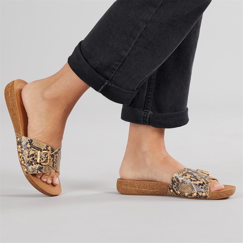 FitFlop Womens Iqushion Adjustable Buckle Snake-Embossed Leather Slides Classic Beige - Image 1