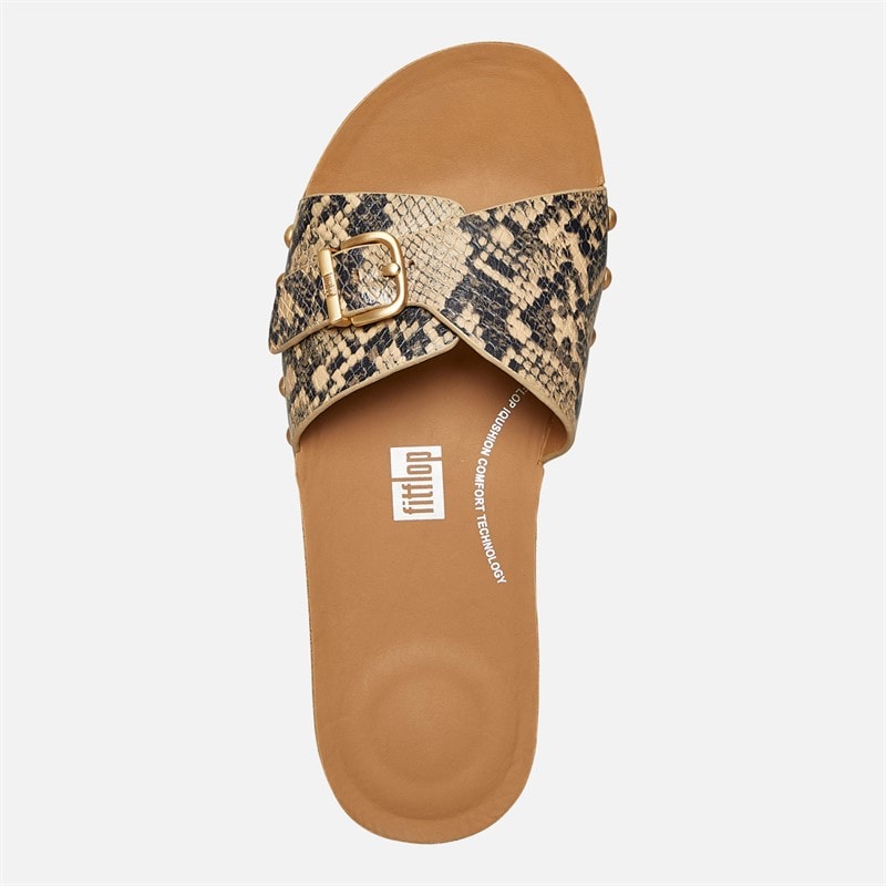 FitFlop Womens Iqushion Adjustable Buckle Snake-Embossed Leather Slides Classic Beige - Image 4