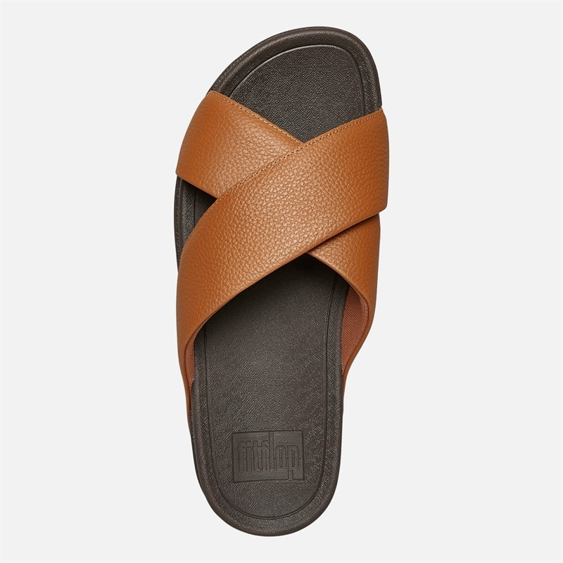 FitFlop Mens Surfer Mens Tumbled-Leather Cross Strap Sliders Light Tan - Image 4