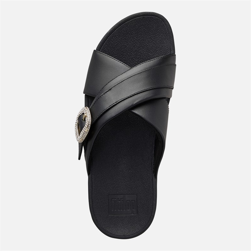 FitFlop Womens Lulu Crystal Buckle Leather Cross Strap Sliders Black - Image 4