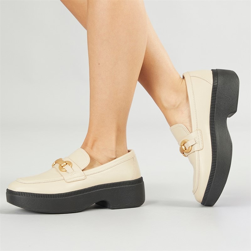 FitFlop Womens Luma Chunky Snaffle Leather Demi Wedge Loafers Stone Beige - Image 1