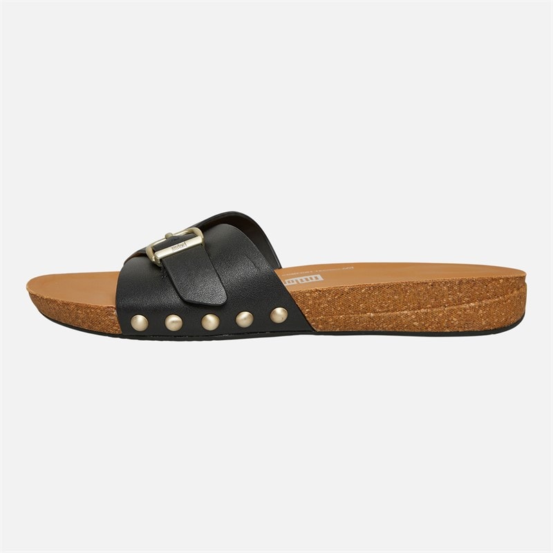 FitFlop Womens Iqushion Adjustable Buckle Leather/Cork Sliders Black - Image 1