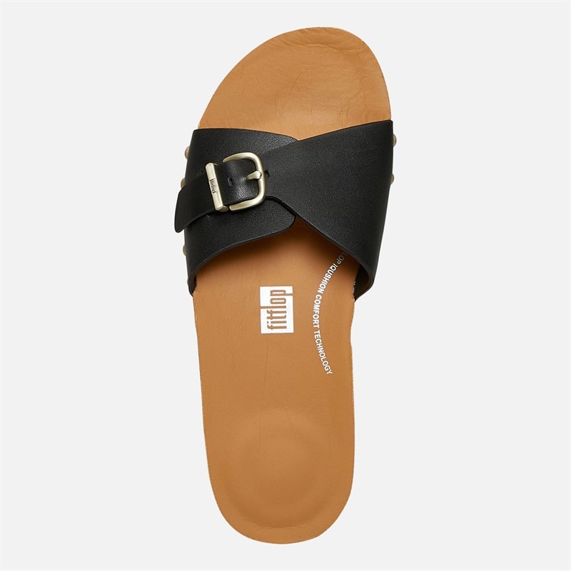 FitFlop Womens Iqushion Adjustable Buckle Leather/Cork Sliders Black - Image 4