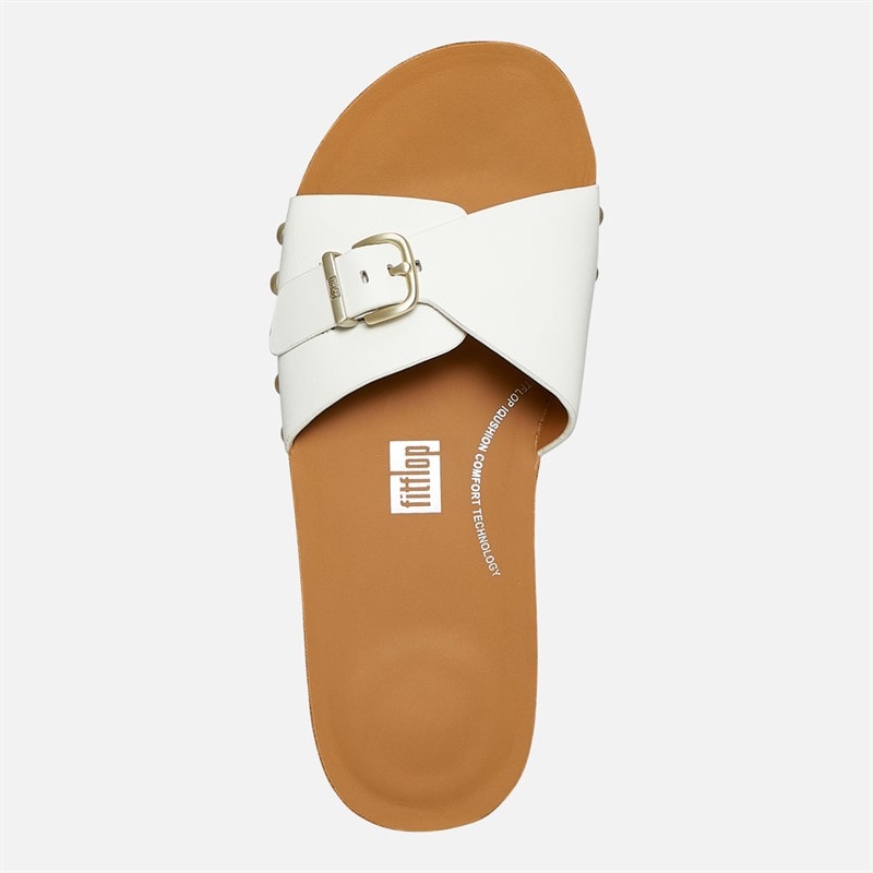 FitFlop Womens Iqushion Adjustable Buckle Leather/Cork Sliders Urban White - Image 4