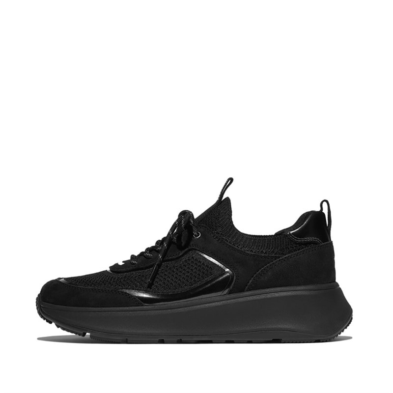 FitFlop Womens F-Mode Suede/Knit Flatform Slip On Laced Trainers All Black - Image 1