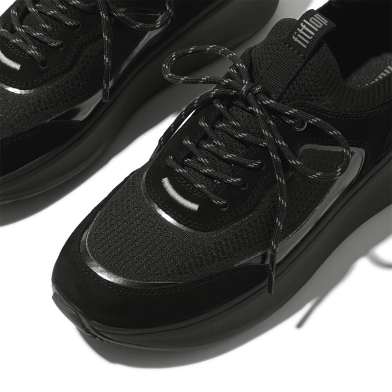 FitFlop Womens F-Mode Suede/Knit Flatform Slip On Laced Trainers All Black - Image 3