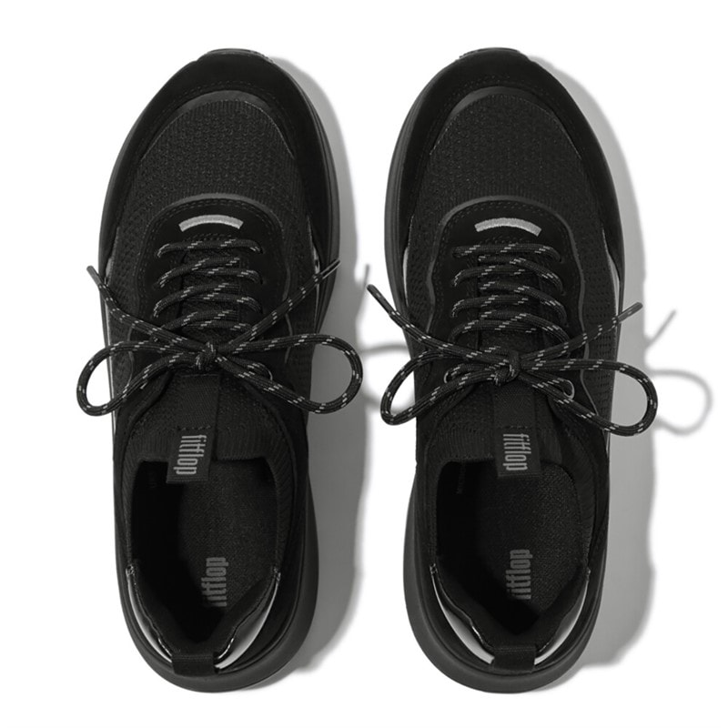 FitFlop Womens F-Mode Suede/Knit Flatform Slip On Laced Trainers All Black - Image 4
