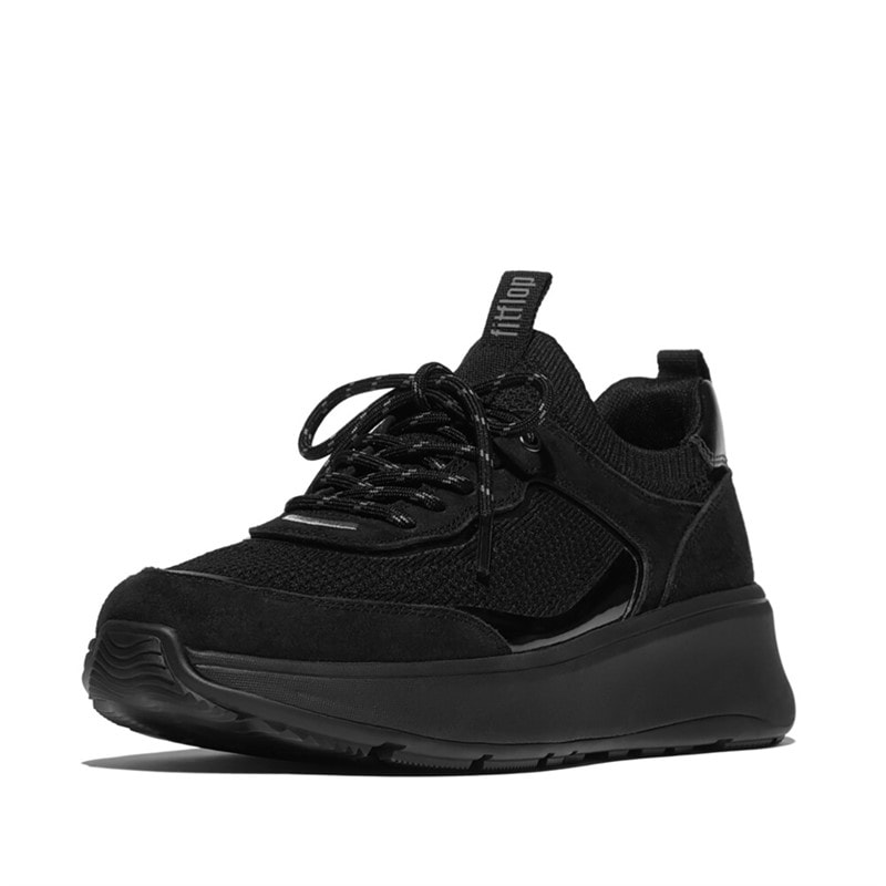 FitFlop Womens F-Mode Suede/Knit Flatform Slip On Laced Trainers All Black - Image 5