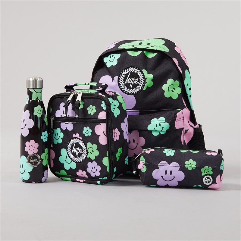 Hype Girls Happy Flower Backpack Lunch Bag Steel Bottle And Pencil Case Bundle A Black - Image 1