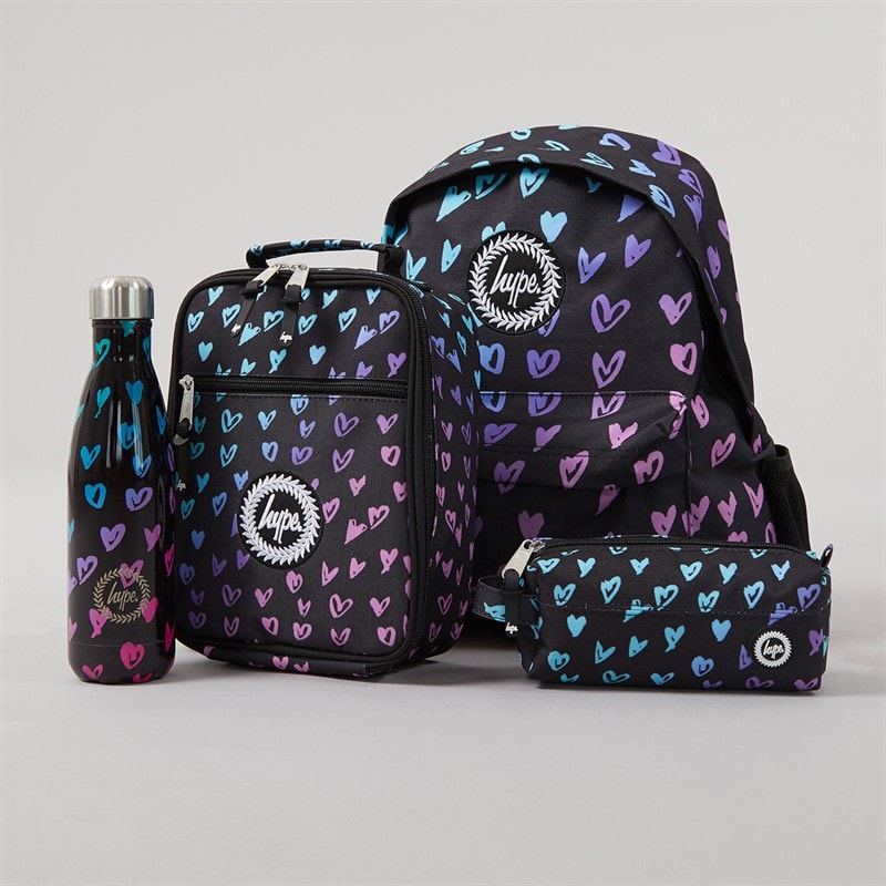 Hype Girls Scribble Hearts Backpack Lunch Bag Steel Bottle And Pencil Case Bundle Black - Image 1