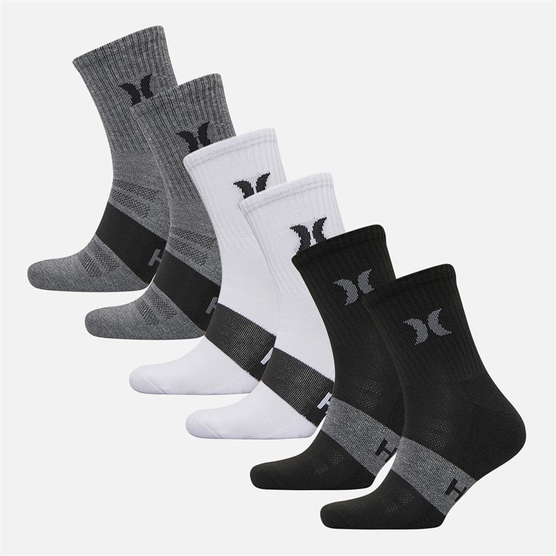 Hurley Mens Six Pack 1/2 Terry High Quarter Crew Socks White/Black