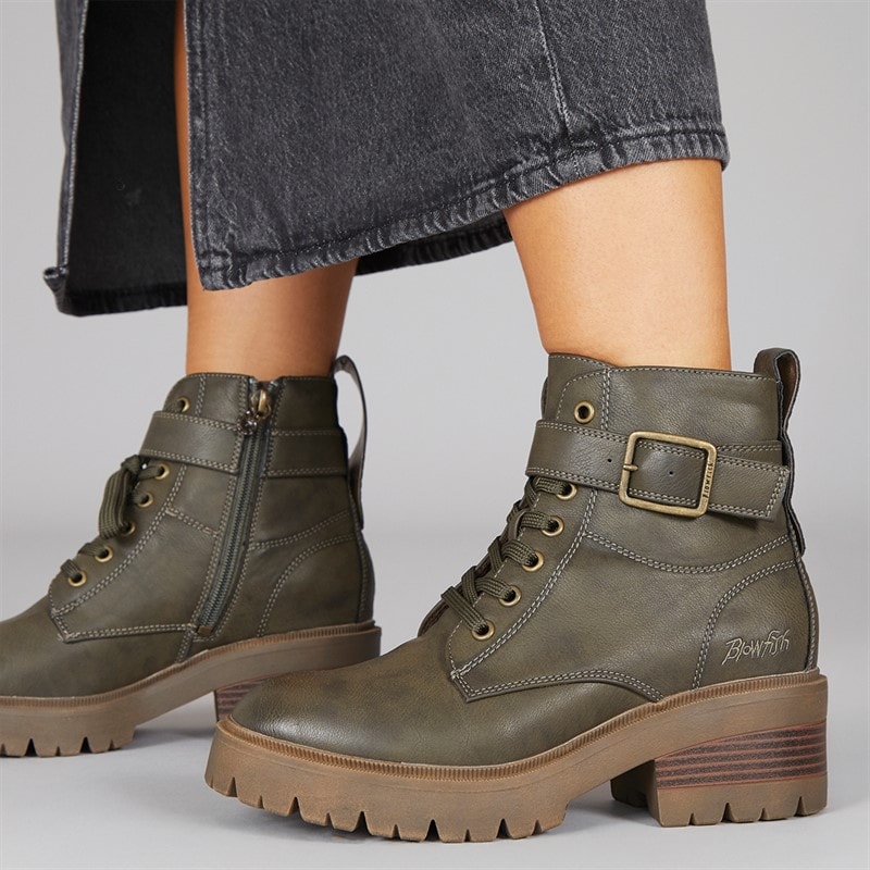 Blowfish Womens Jagger Lace Up Buckle Ankle Boots Olive - Image 1
