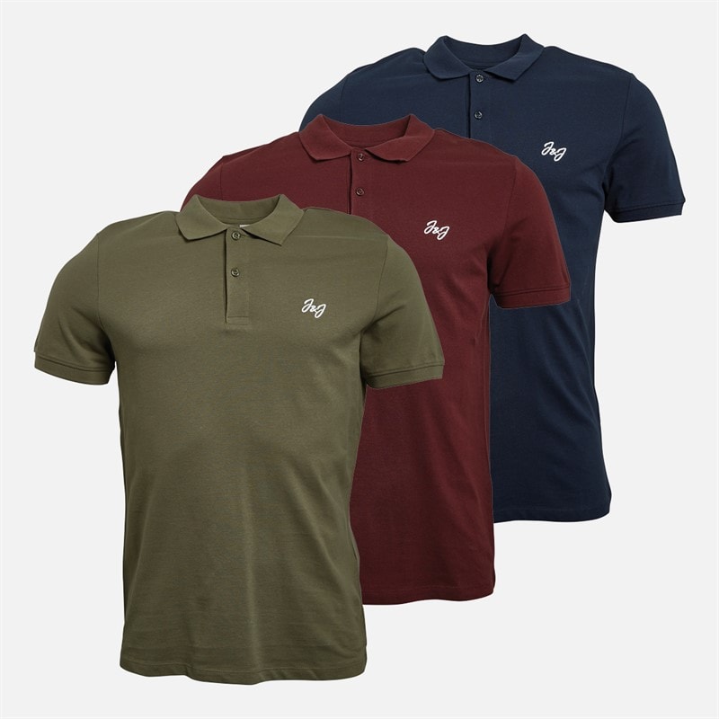 JACK & JONES Mens Joseph Three Pack Polo Shirts Navy/Khaki/Burgundy