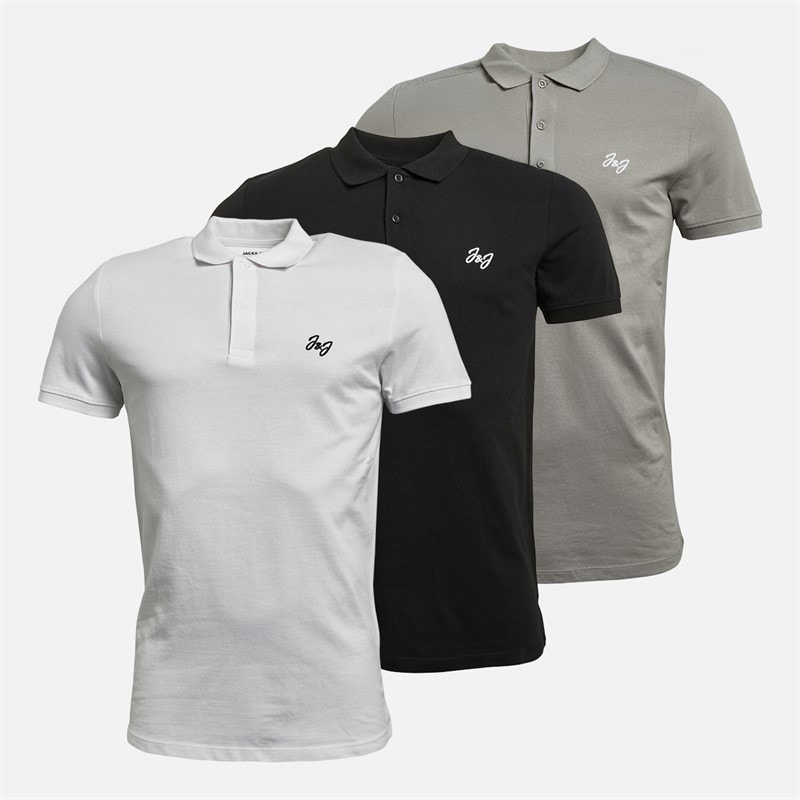 JACK & JONES Mens Joseph Three Pack Polo Shirts White/Black/Grey