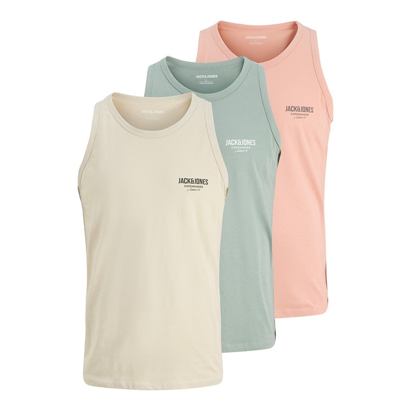 JACK & JONES Mens Jeff Orion Three Pack Vests Iceberg Green/Coral Almond/Moonbeam - Image 1