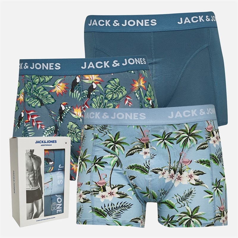 JACK & JONES Mens Flower Bird Three Pack Boxer Trunks Chambray Blue/Oceanview/Oceanview