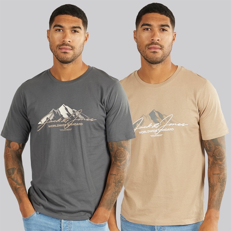 JACK & JONES Mens Cover Mountain Two Pack T-Shirts Asphalt/Silver Mink