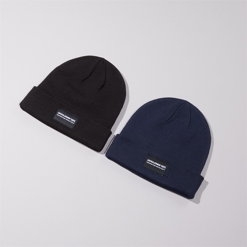 JACK & JONES Mens Jacray Two Pack Beanie Black/Navy Blazer