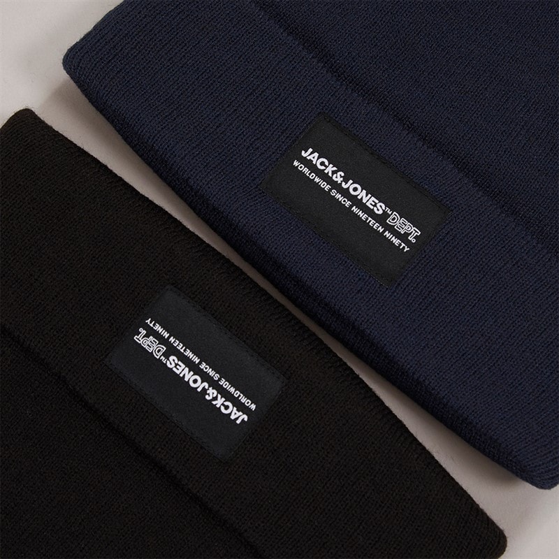 JACK & JONES Mens Jacray Two Pack Beanie Black/Navy Blazer - Image 3