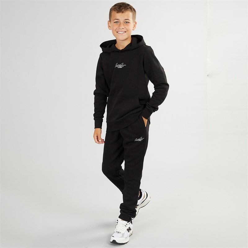 JACK & JONES Boys Cover Script Hoodie And Joggers Tracksuit Black - Image 1