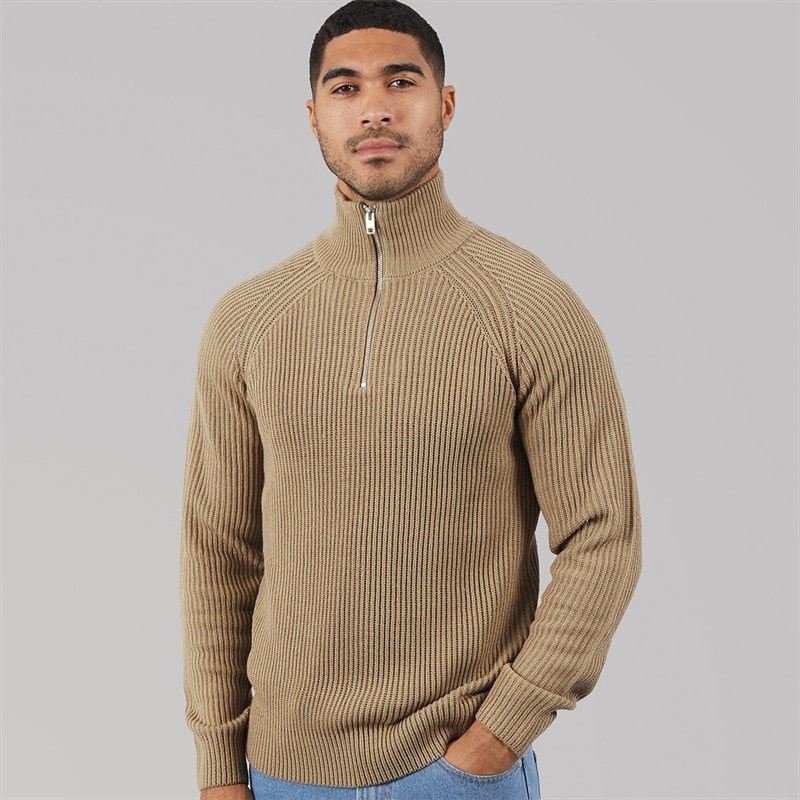 JACK & JONES Mens Panel 1/2 Zip Knitted Jumper Crockery - Image 3