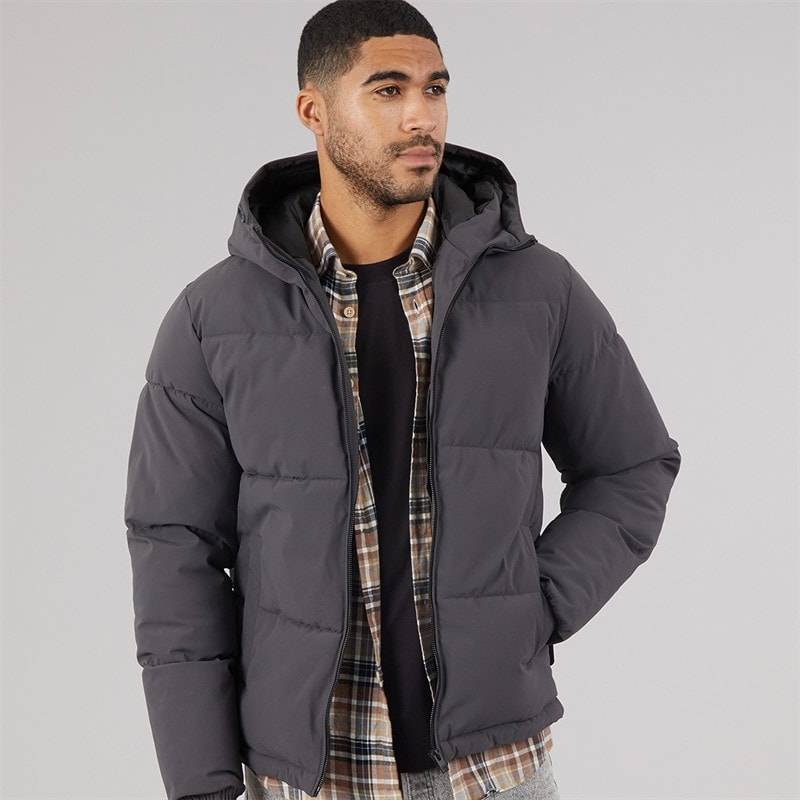 JACK & JONES Mens Surface Hooded Puffer Coat Asphalt