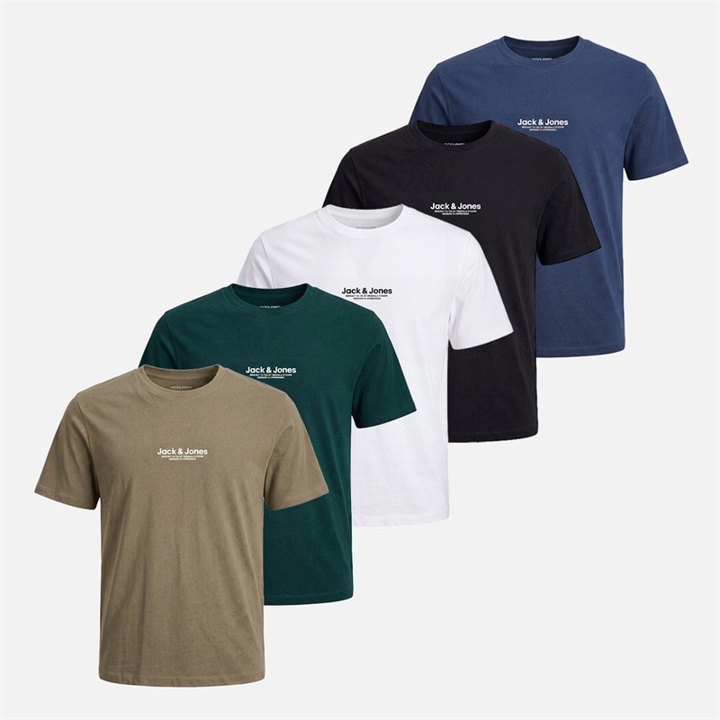 JACK & JONES Mens Five Pack Aris T-Shirts Falcon/Magical Forest/Bright White/Black/Insignia Blue