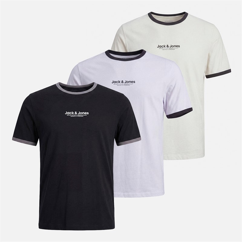 JACK & JONES Mens Three Pack Ringer T-Shirts Black/White/Glacier Gray