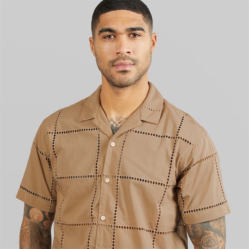 JACK & JONES Mens Summer Luke Anglaise Resort Short Sleeve Shirt Mocha Meringue - Image 3
