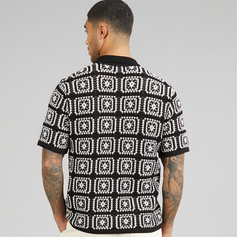 JACK & JONES Mens Colin Knit Crochet Polo Shirt Black - Image 2