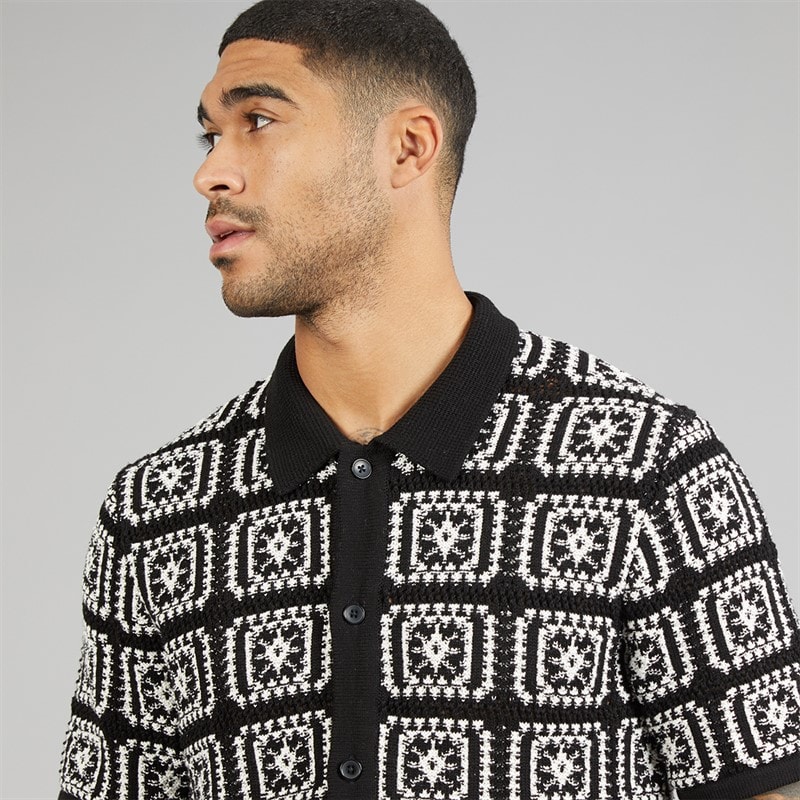 JACK & JONES Mens Colin Knit Crochet Polo Shirt Black - Image 3