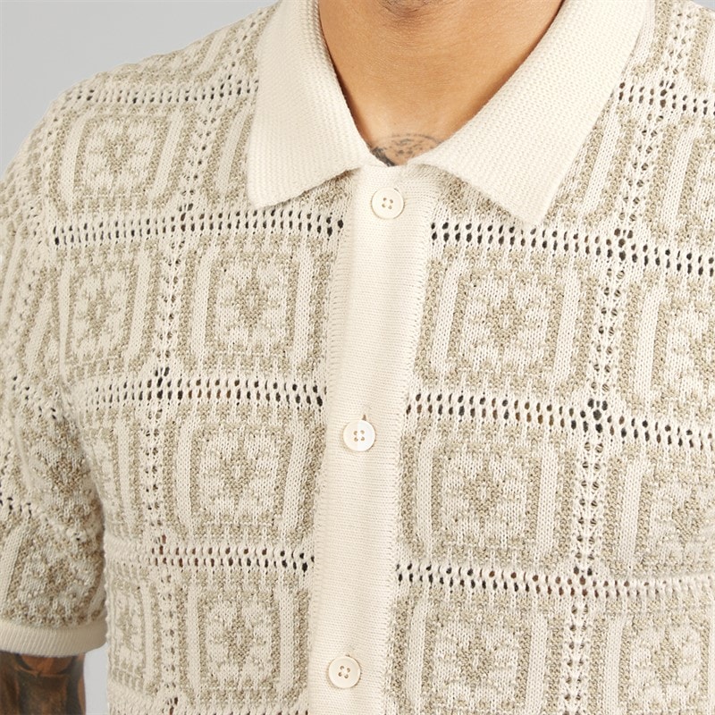 JACK & JONES Mens Colin Knit Crochet Polo Shirt Sea Salt - Image 3
