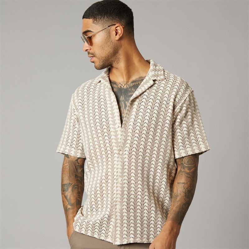 JACK & JONES Mens Summer Luke Texture Resort Short Sleeve Shirt Mocha Meringue - Image 1