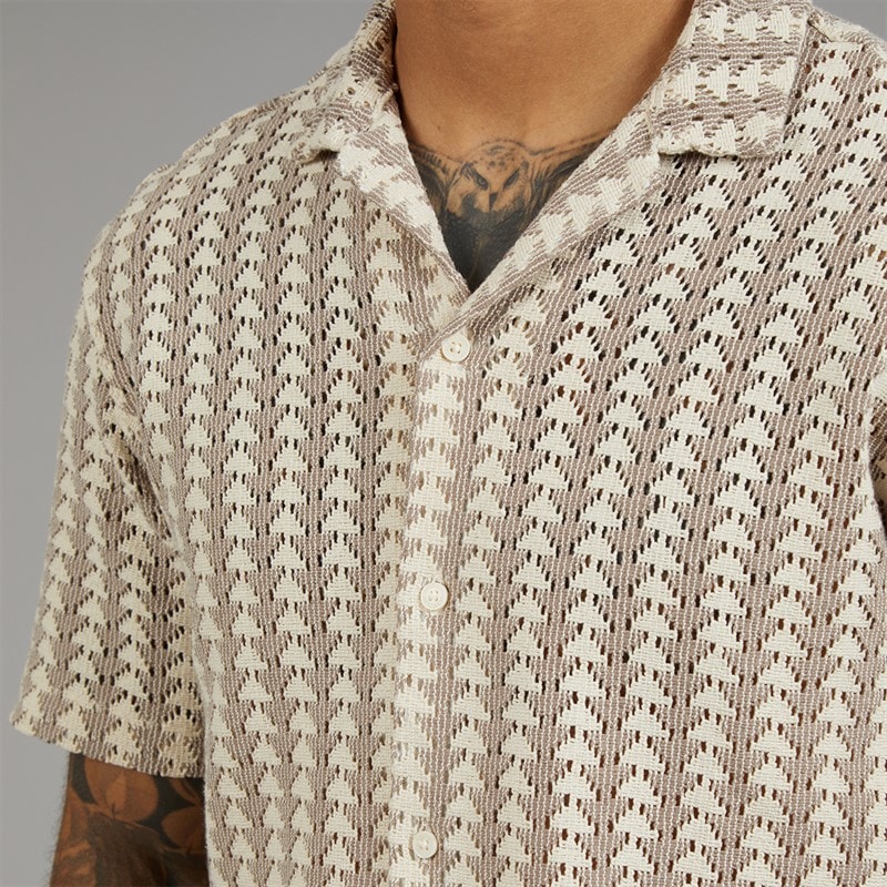 JACK & JONES Mens Summer Luke Texture Resort Short Sleeve Shirt Mocha Meringue - Image 3
