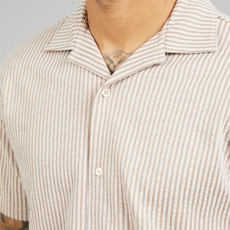 JACK & JONES Mens Summer Stripe Short Sleeve Shirt Mocha Meringue - Image 3
