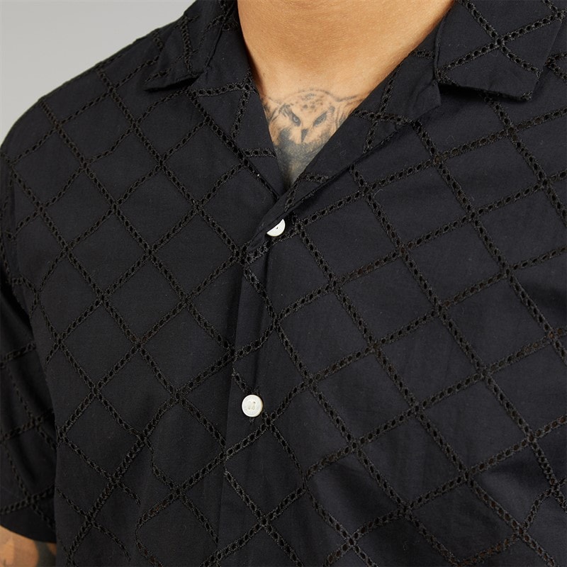 JACK & JONES Mens Summer Luke Anglaise Resort Short Sleeve Shirt Black - Image 3