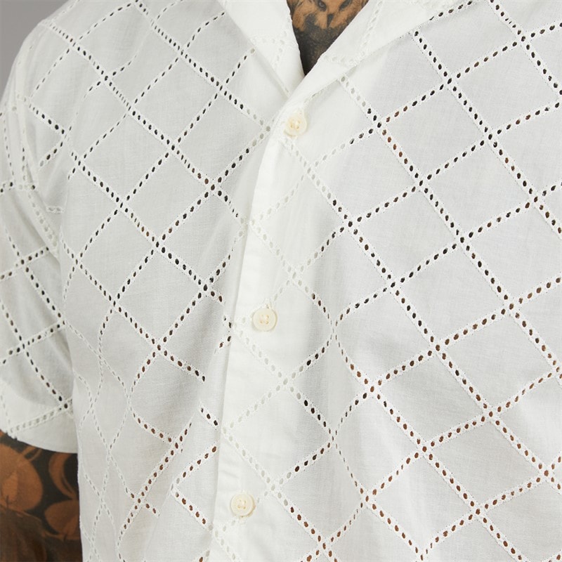 JACK & JONES Mens Summer Luke Anglaise Resort Short Sleeve Shirt Cloud Dancer - Image 3