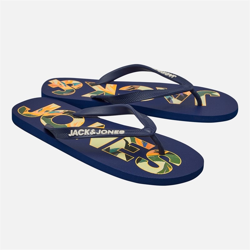 JACK & JONES Mens Palm Print Logo Flip Flops Mediaval Blue - Image 1