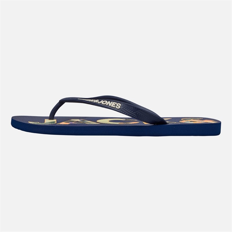 JACK & JONES Mens Palm Print Logo Flip Flops Mediaval Blue - Image 2