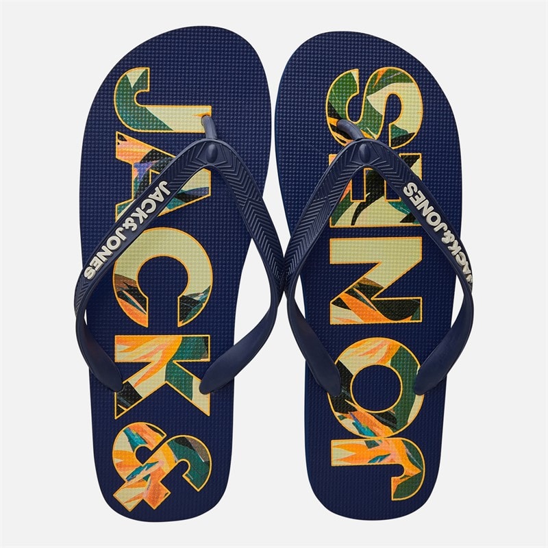 JACK & JONES Mens Palm Print Logo Flip Flops Mediaval Blue - Image 4