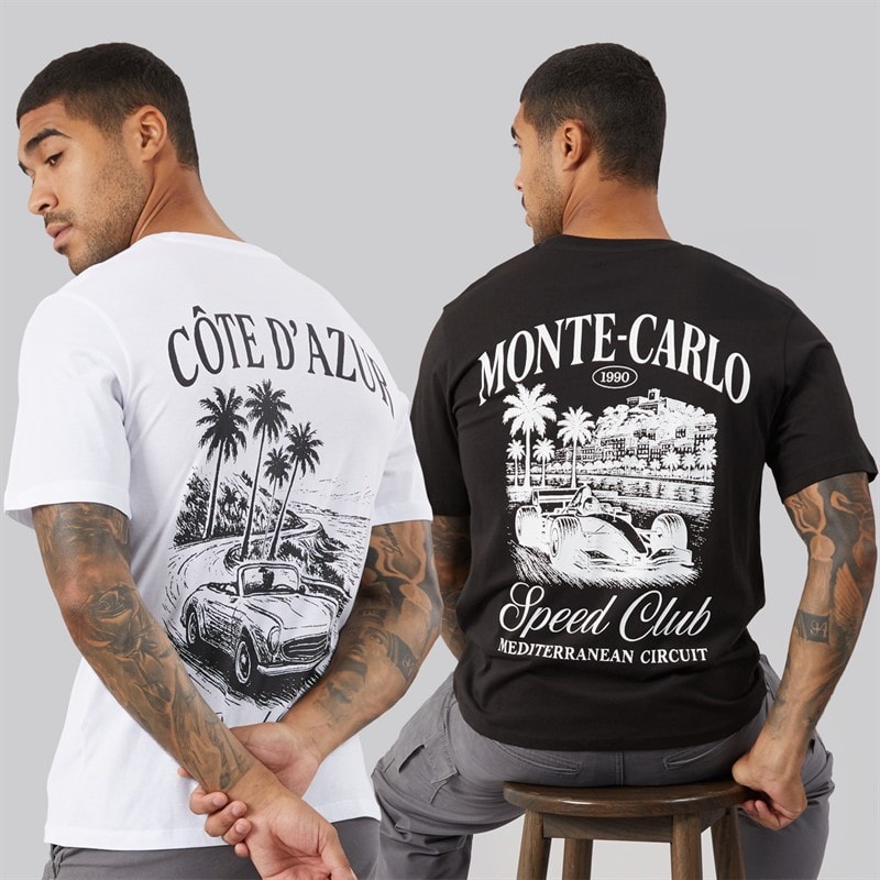 JACK & JONES Mens Carlo Print Two Pack T-Shirts /Black White