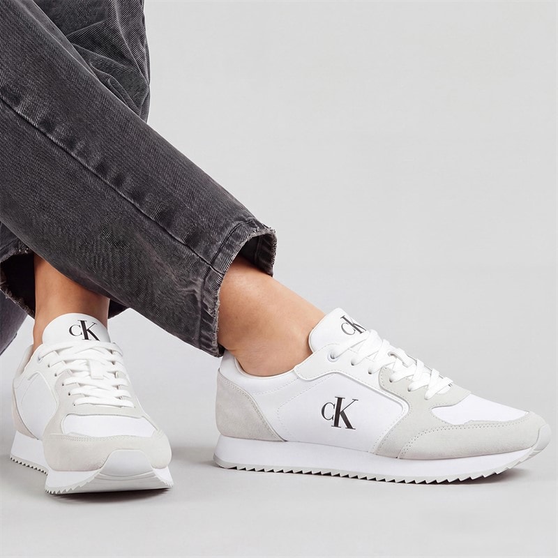 Calvin Klein Jeans Womens Lace Up Runner Trainers Bright White/Black - Image 1