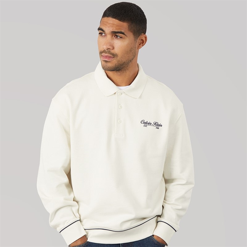 Calvin Klein Jeans Mens Terry Piped Polo Sweatshirt Tofu - Image 3