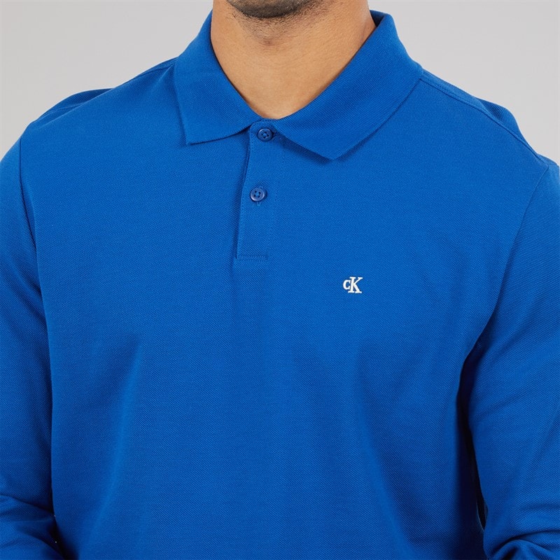 Calvin Klein Jeans Mens Long Sleeve Casual Pique Polo Shirt Chase Blue - Image 3