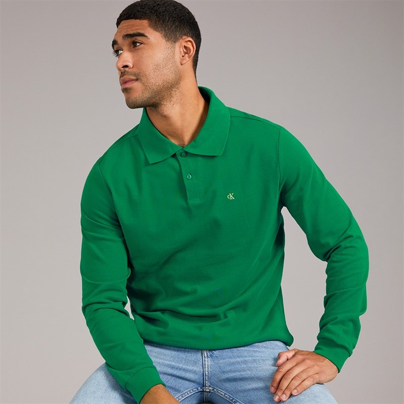 Calvin Klein Jeans Mens Long Sleeve Casual Pique Polo Shirt Deco Green