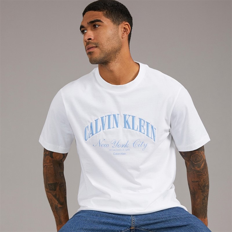 Calvin Klein Jeans Mens Embroidered NYC Logo Graphic T-Shirt Bright White - Image 1